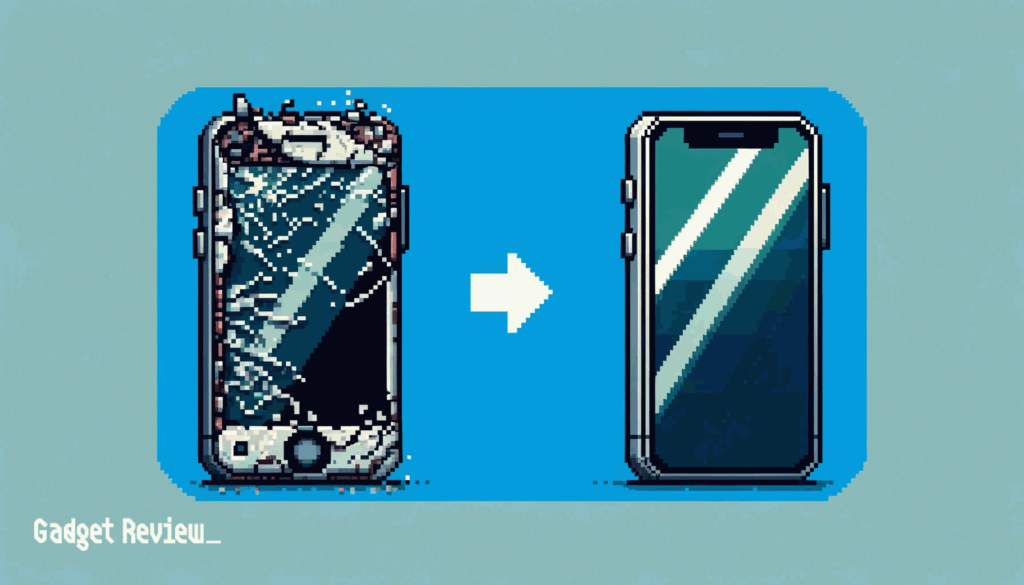 damaged phone with an arrow to a new phone.to show it has been replaced