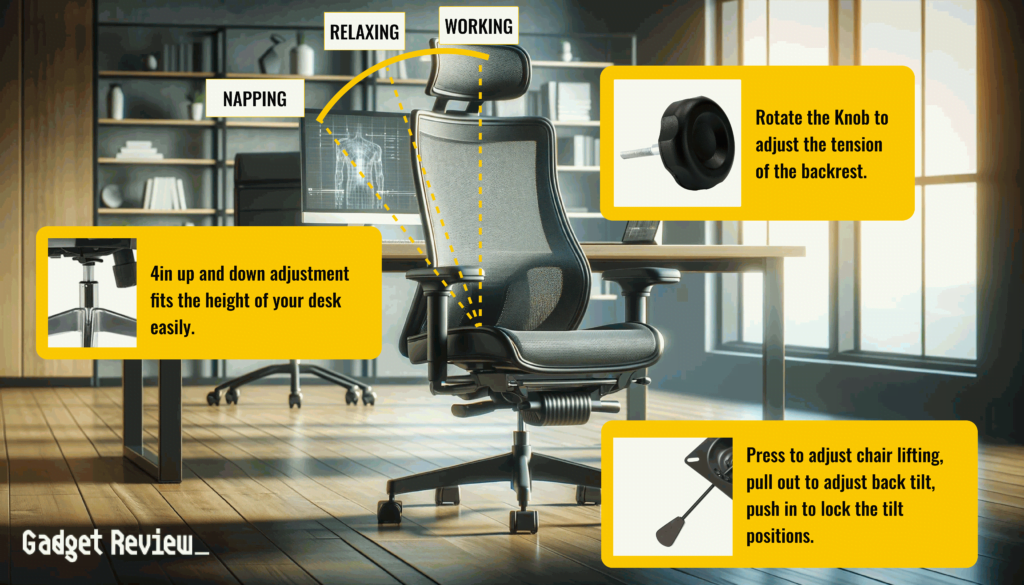 an office chair highlighting backrest positions, rotating knob, height adjustment lever and chair lifting lever.