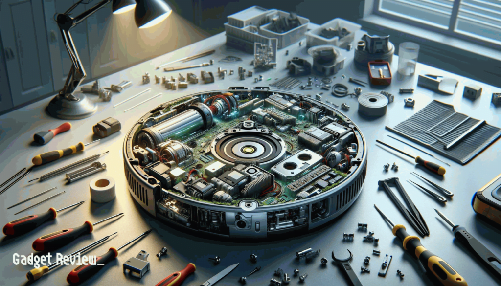 A disassembled roomba on a table with various tools and parts.