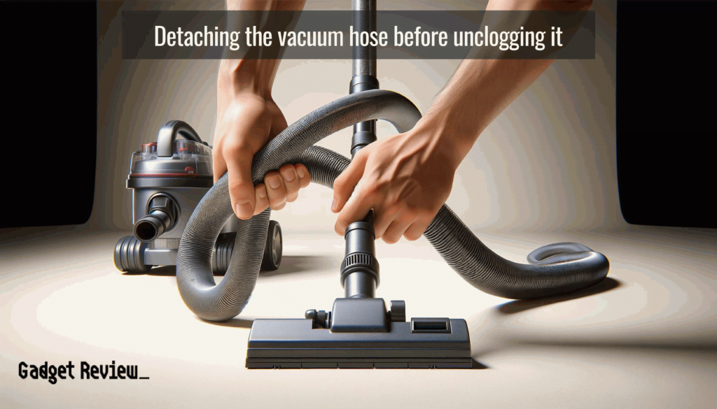 A vacuum cleaners hose being detached.