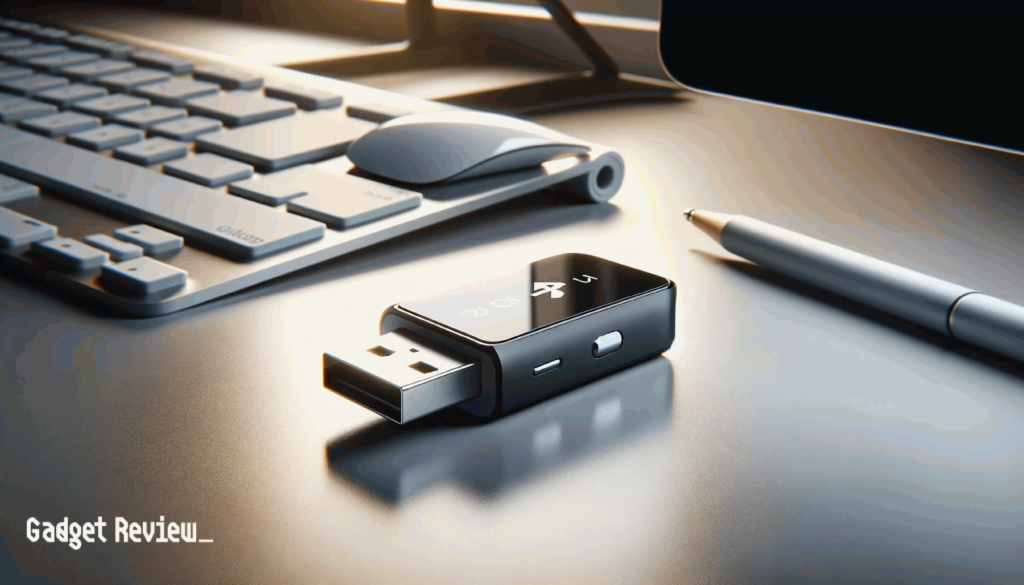 Bluetooth adapter on a table with keyboard, mouse and pen