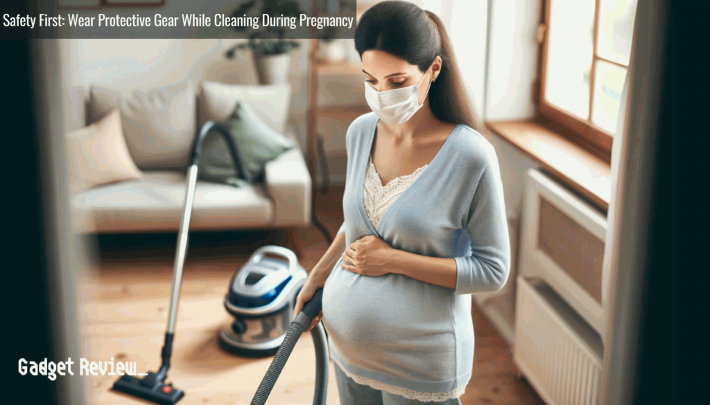A pregnant women using vacuum cleaner while wearing a face mask.