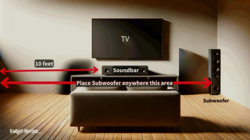 soundbar is mounted on the wall under the TV, how a separate subwoofer can be placed anywhere on the same wall as the TV & soundbar