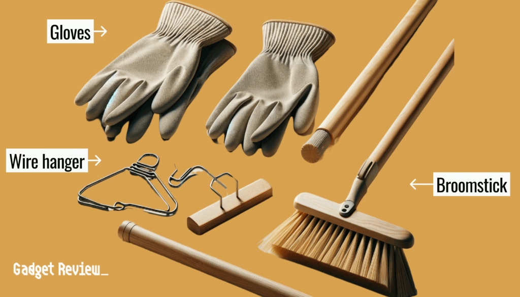 Tools like Gloves, Broomstick and Wire Hanger.