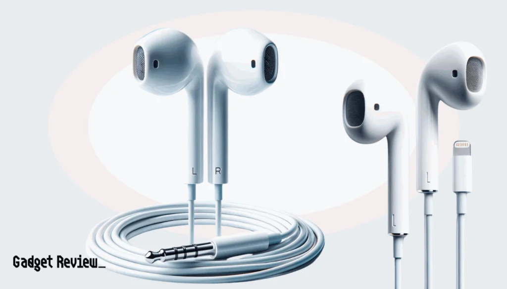 pair of both wired Apple earbuds