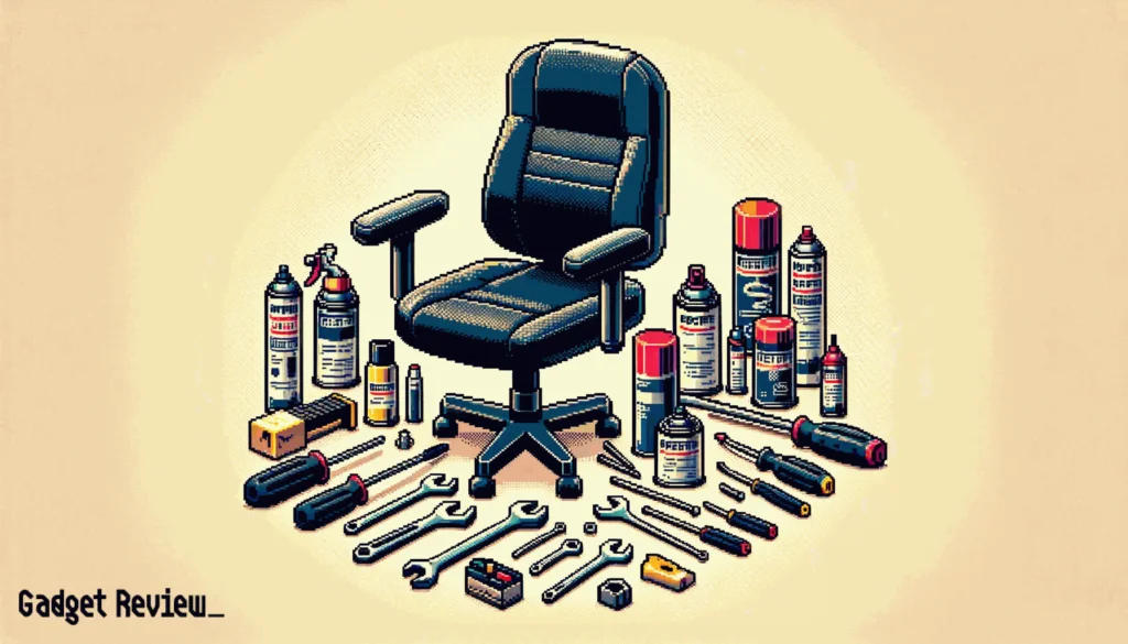 tools and products used in maintaining an office chair, such as wrenches, screwdrivers, and lubricant sprays.