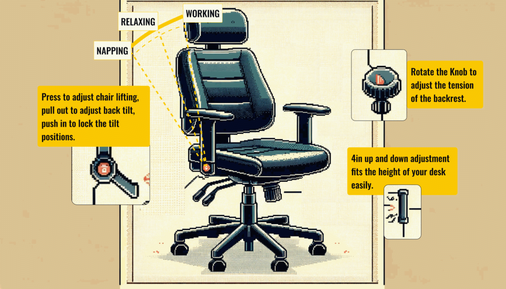 office chair pointing out backrest positions and back tilt positions, rotating knob and height adjustment.