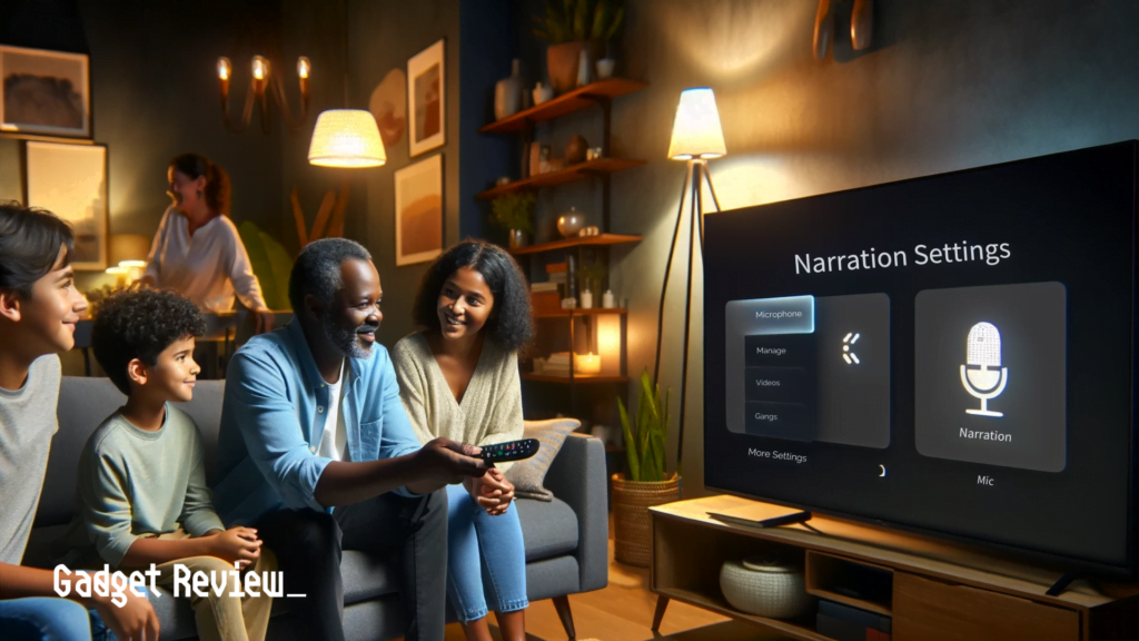 Family using narration settings on a Smart TV Family using narration settings on a Smart TV