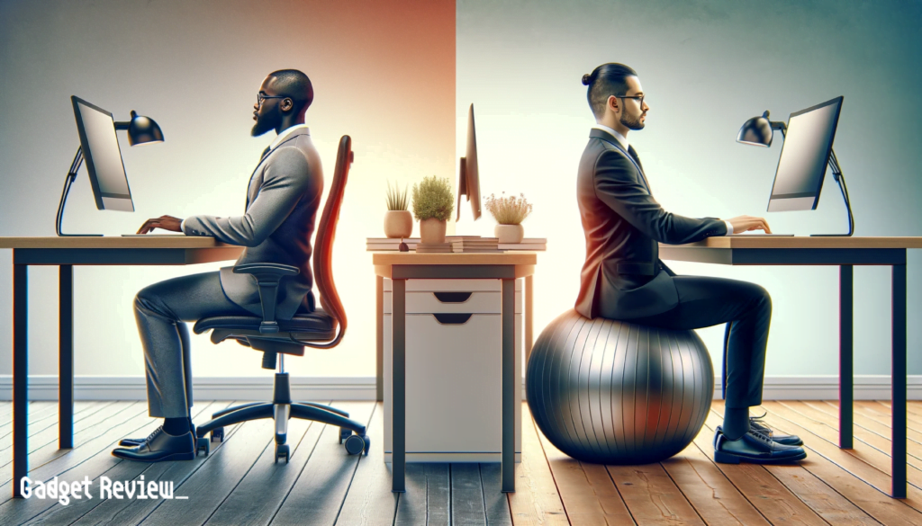 A man sitting on a regular office chair vs a man sitting on a exercise ball in the office while working in a computer.