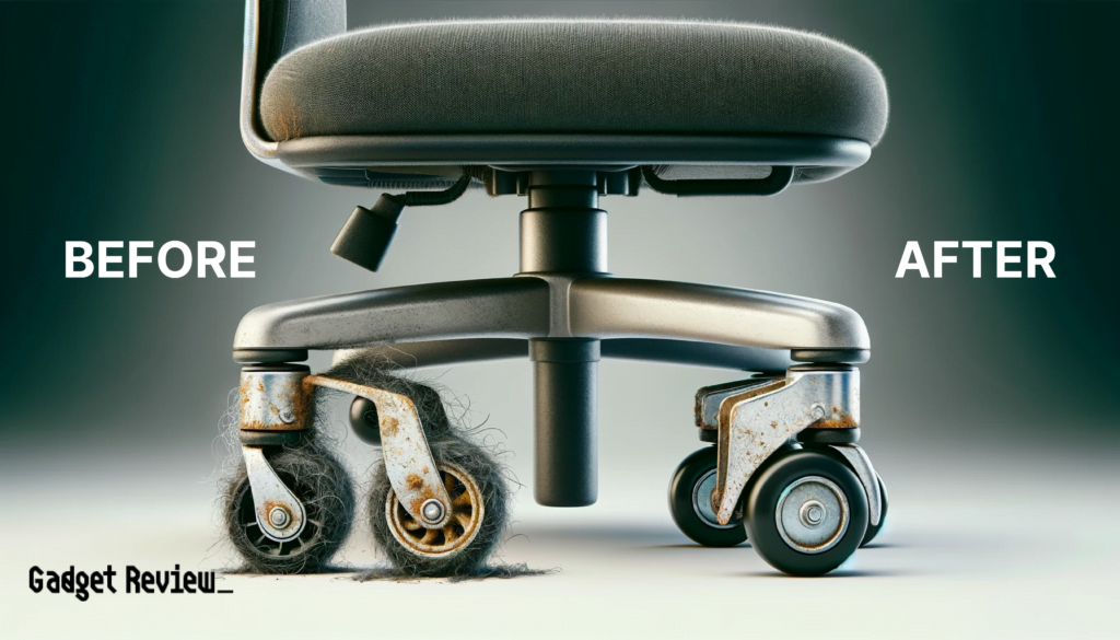 An office chair with before and after of hairy and cleaned wheels