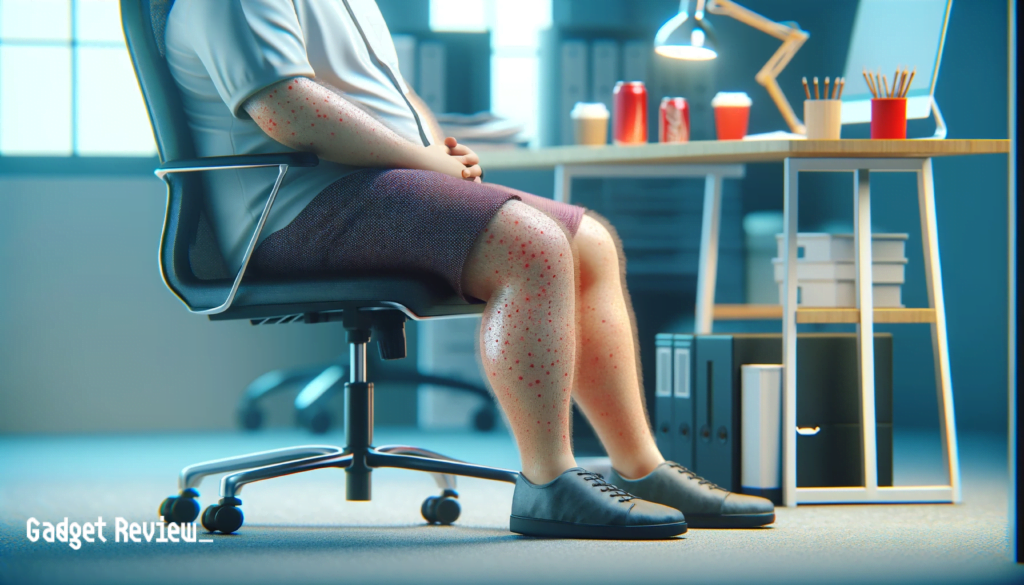 An overweight person sitting in office chair with swollen legs.
