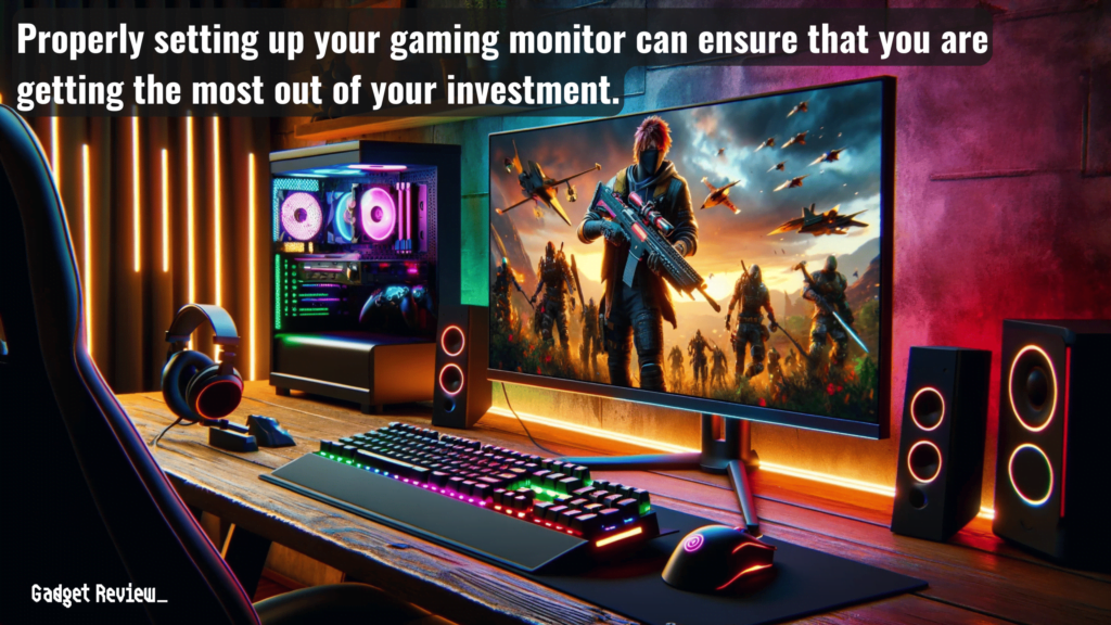 a gaming monitor on a desk with CPU, keyboard, mouse, speakers, and headset.