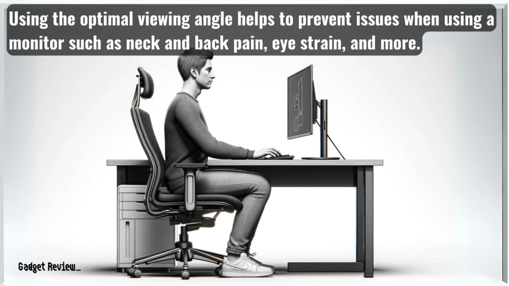 Man working on the computer sitting on a chair with the optimal viewing angle.