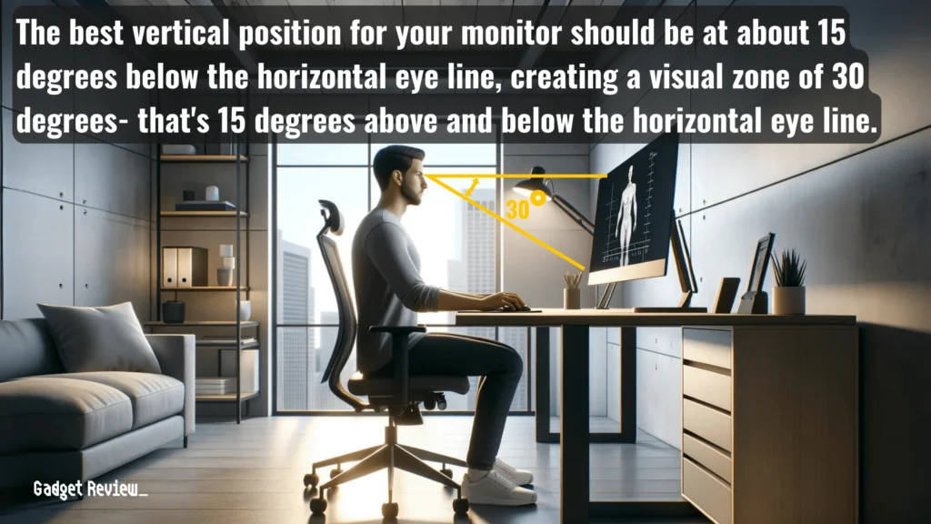 Man working at the computer desk, monitor set at 15 degrees below horizontal eye line making 30 degrees visual zone.