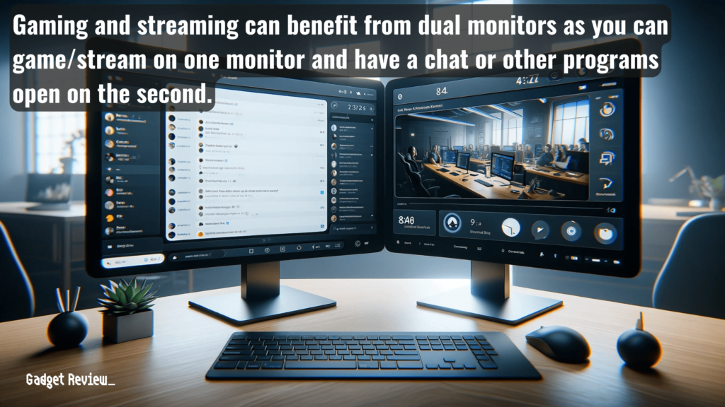 A dual monitor setup with one screen having a chat open and the other a video