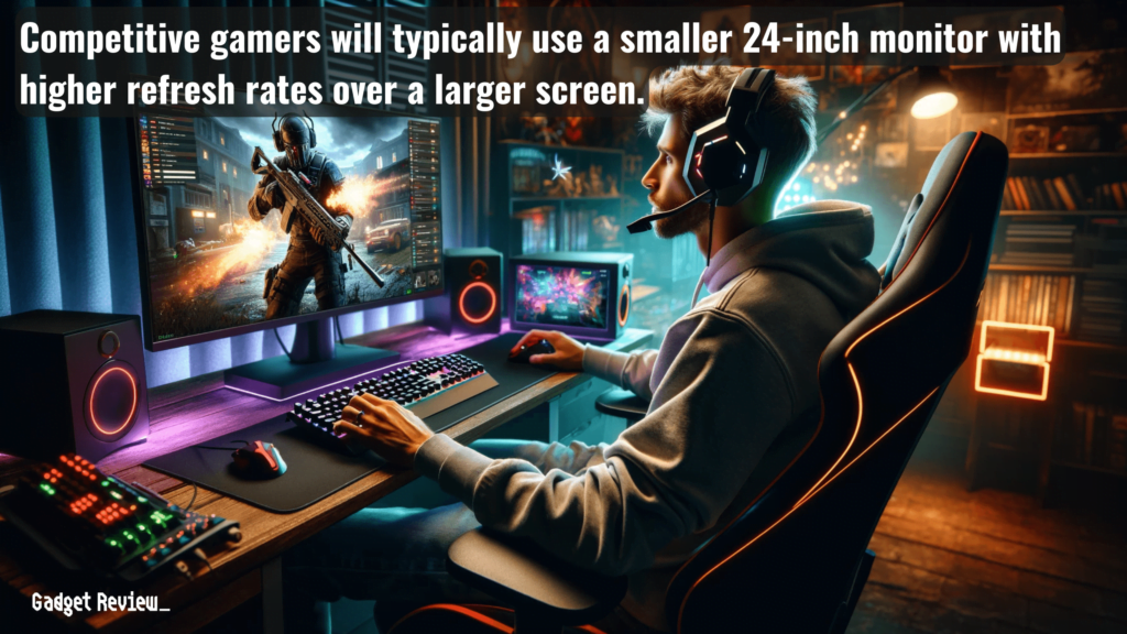A gamer gaming on a 24" monitor with higher refresh rate .