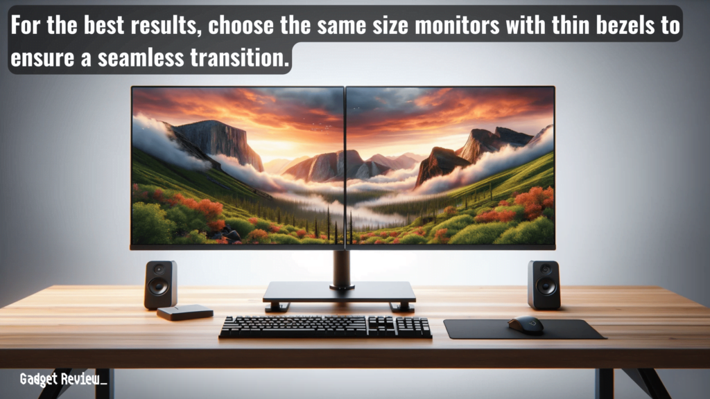 a dual monitor setup with same size and thin bezels.