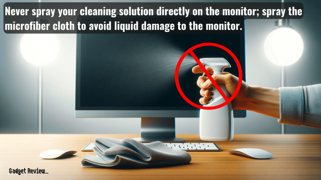 A blank monitor in the background with someone spraying cleaner on a microfiber cloth