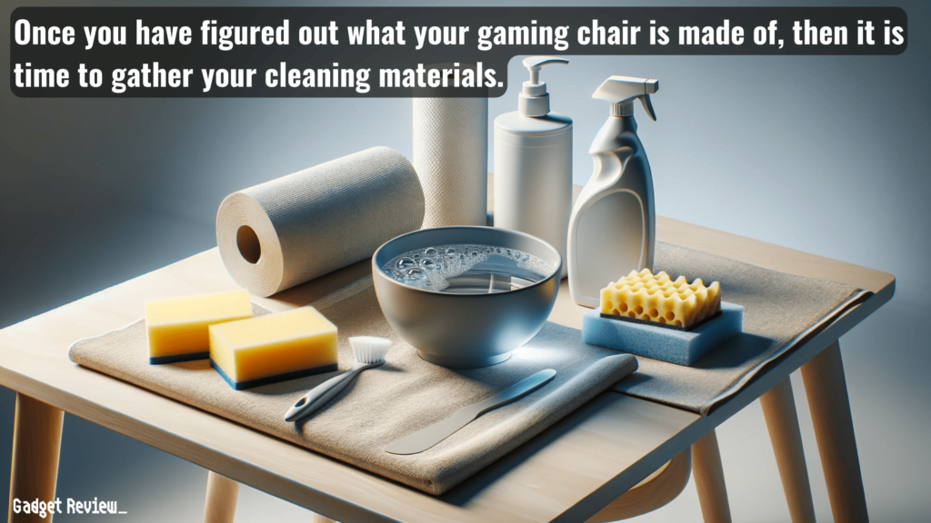 Cleaning materials needed on a Desk, microfiber cloth, bowl with water, sponge, paper towels, Spray Bottles, Brush.