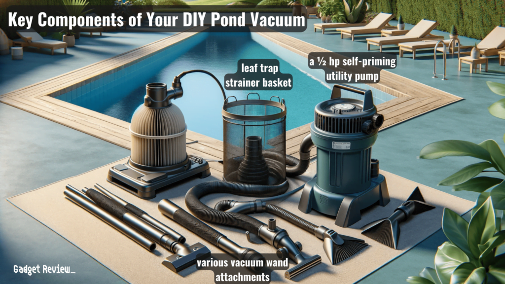 A DIY pond vacuum components like leaf trap strainer basket, a 1/2 hp self-priming utility pump and various vacuum wand attachments placed outside a pool