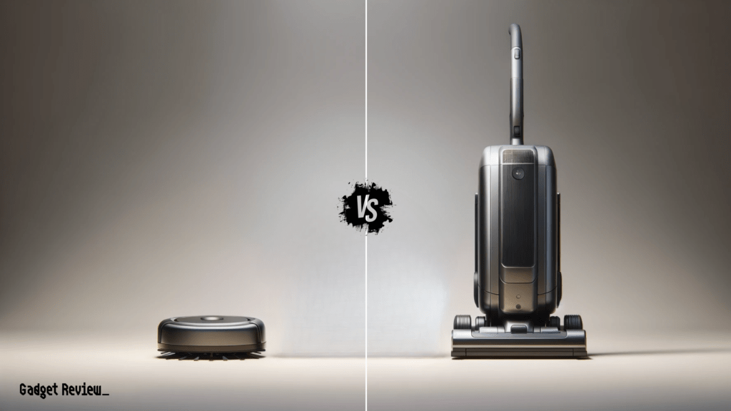 A robot vacuum and an upright vacuum