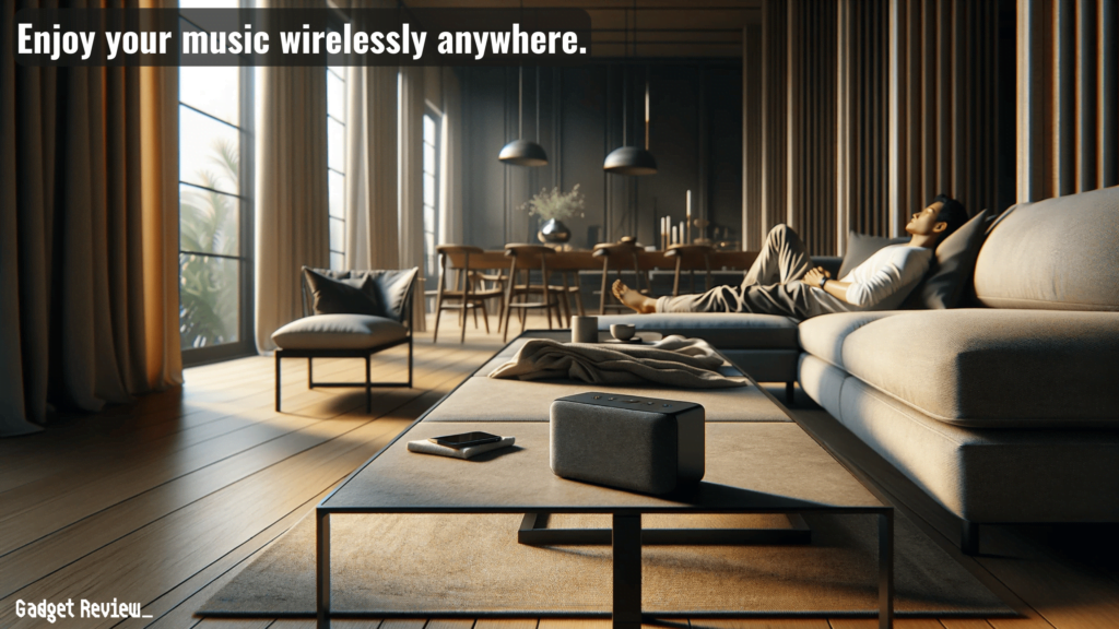 Person Enjoying Music in the living room with wireless speaker on the table.