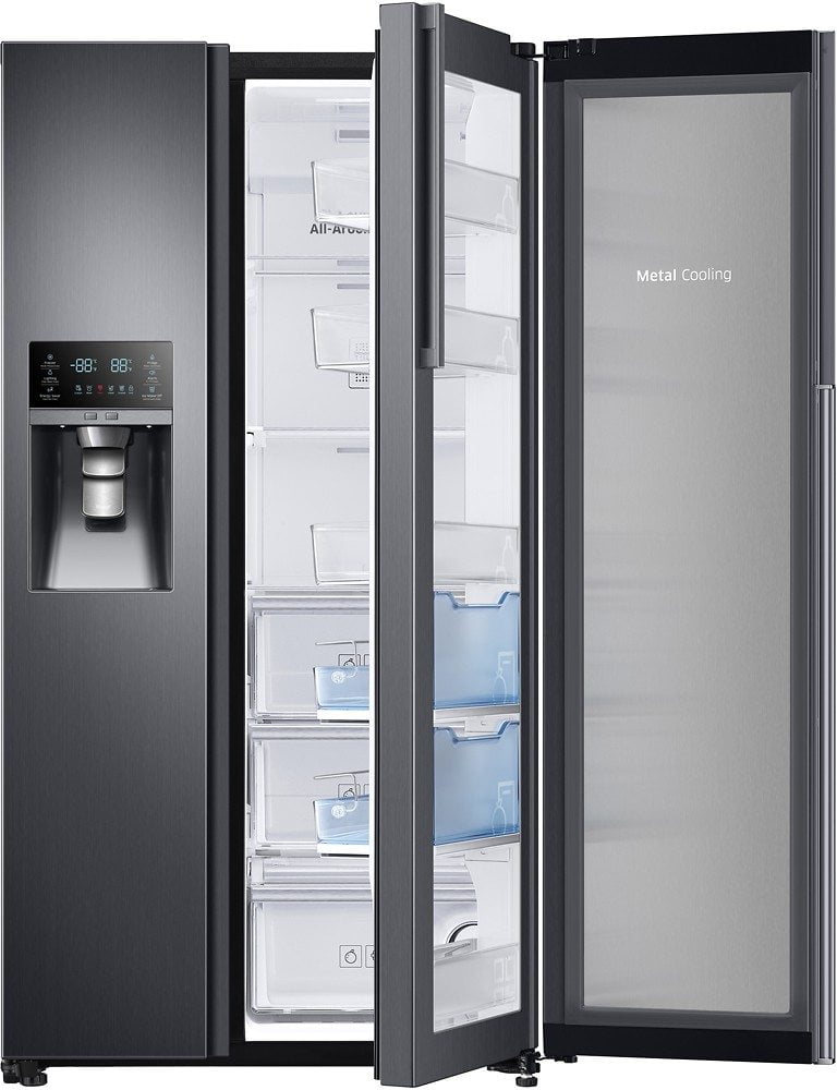  best refrigerator brands - Samsung Side-by-Side in black stainless steel.