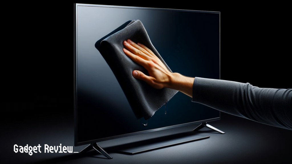 Cleaning cloth on a dark TV screen Cleaning cloth on a dark TV screen