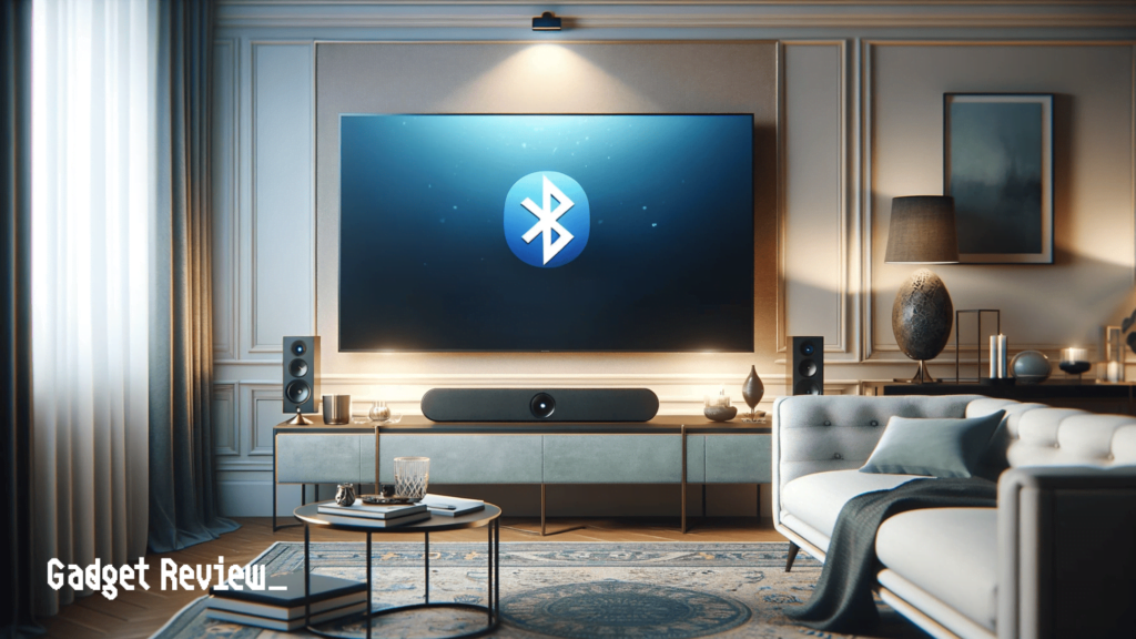 TV with bluetooth symbol on screen on top of soundbar in the drawing room
