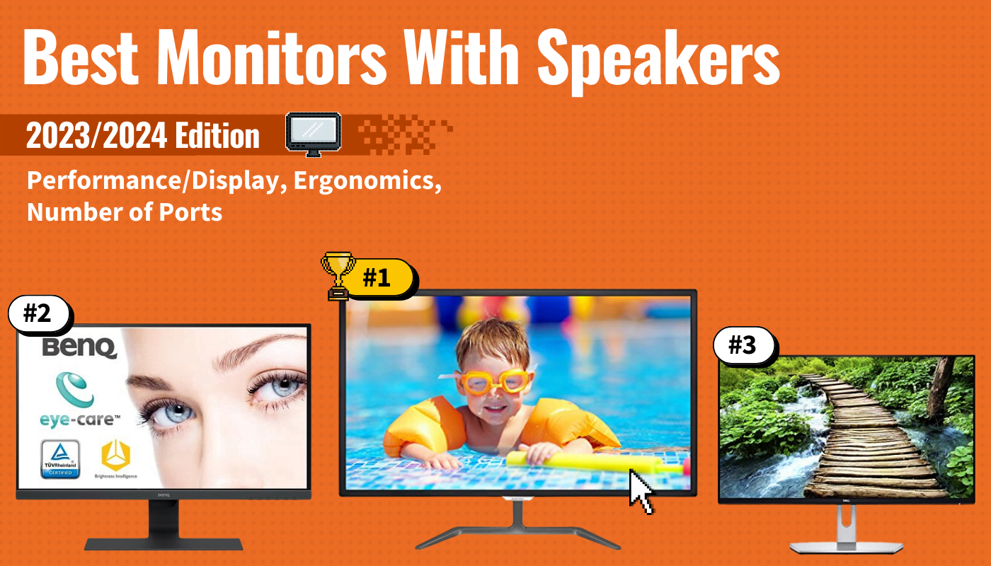 best monitor with speakers featured image that shows the top three best computer monitor models