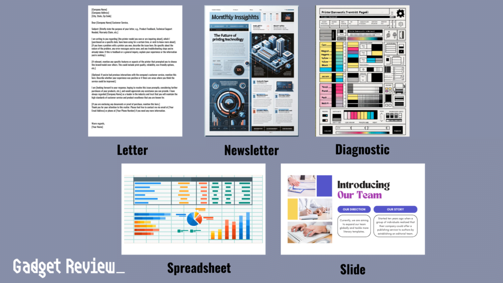 5 different types of test print pages