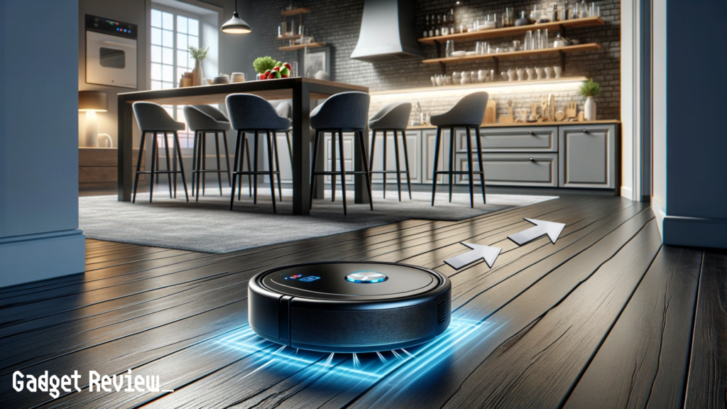 A robot vacuum using LiDAR technology to follow a path in the kitchen.