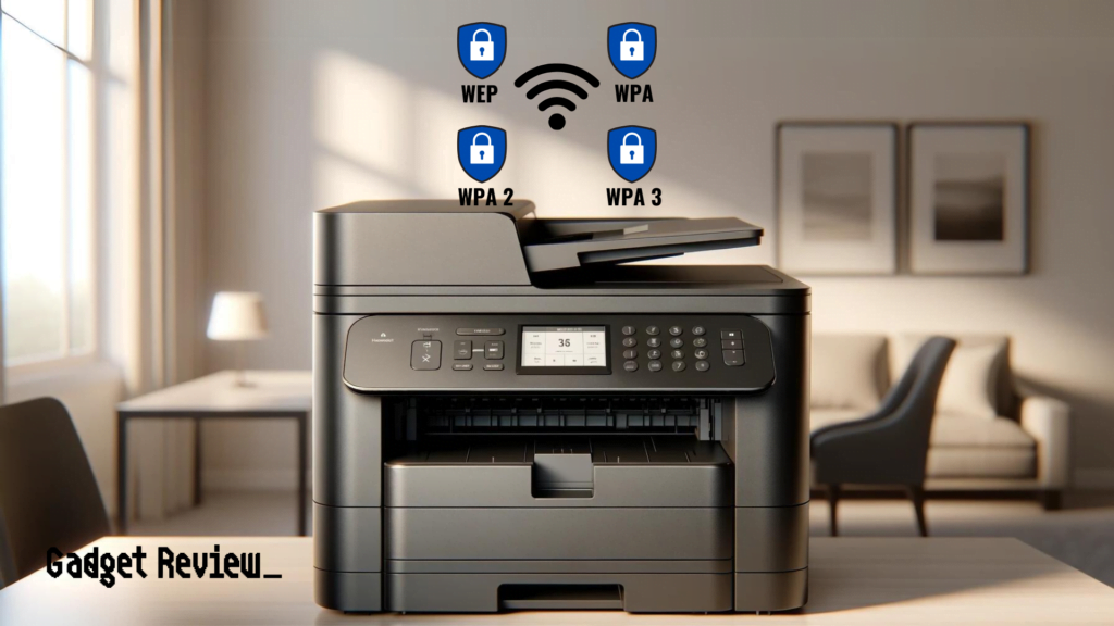 a router sending wif-fi signal to a printer with the WEP, WPA, WPA 2, WPA 3 protocols in circles