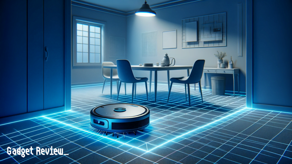 A robot vacuum in the house with highlighted LiDAR technology.