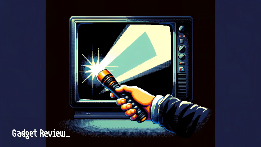 hand holding a flashlight against a tv screen