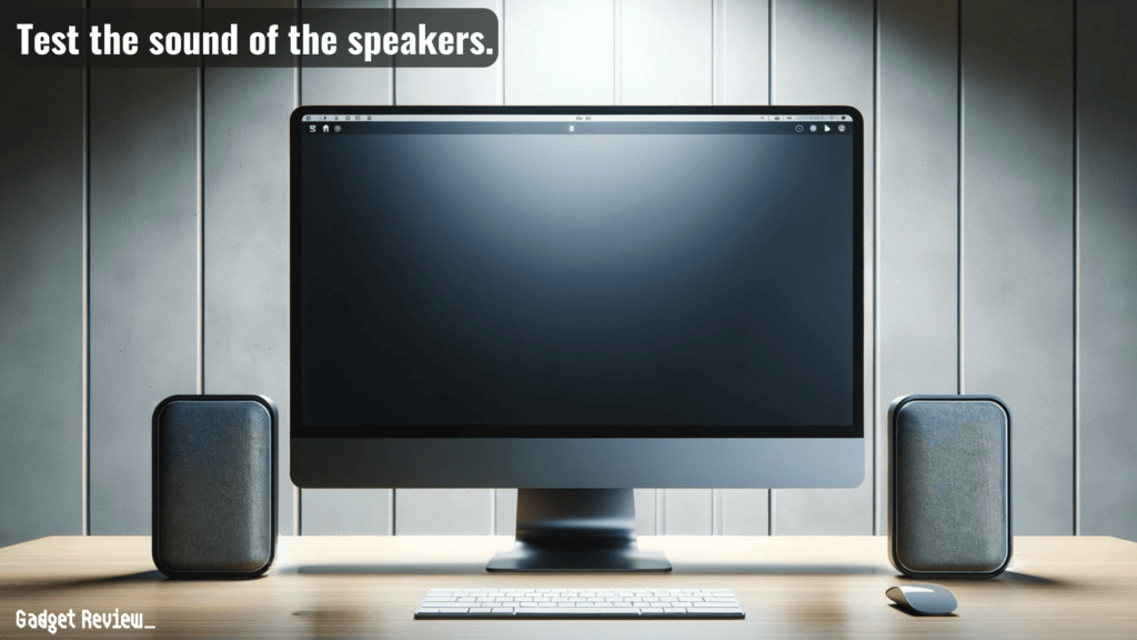 computer monitor setup with two wireless speakers