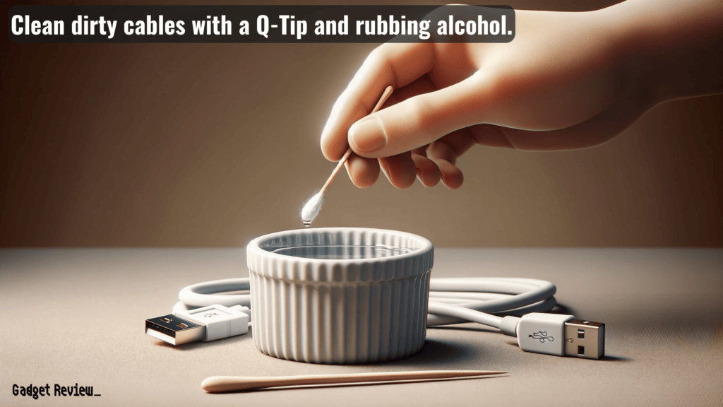 dipping a Q-Tip into a bowl of rubbing alcohol to clean dirty cables.