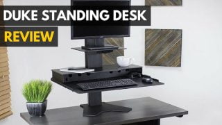 Duke adjustable standing desk review|The Duke Adjustable Standing Desk can accept a variety of screen types and sizes.|The Duke Adjustable Standing Desk is easy to assemble