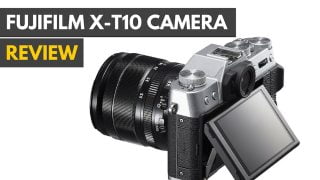 A hands on review of the X-T10 Camera|Fujifilm offers its retro looking X-T10 mirrorless camera in all black or in black with silver trim designs.|You can use either the viewfinder or the tiltable LCD screen to frame photos with Fujifilm's X-T10 mirrorless camera.