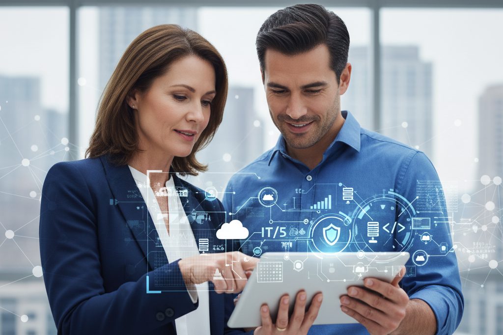 IT professionals looking at a tablet