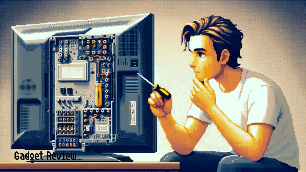 man pondering with screwdriver while looking at exposed tv back panel