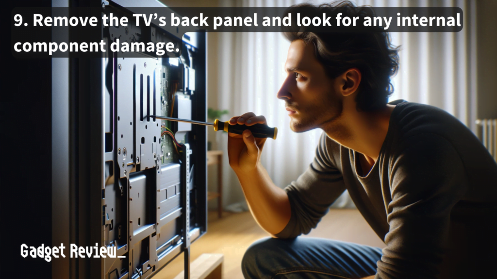 man with screwdriver looking at back panel of tv