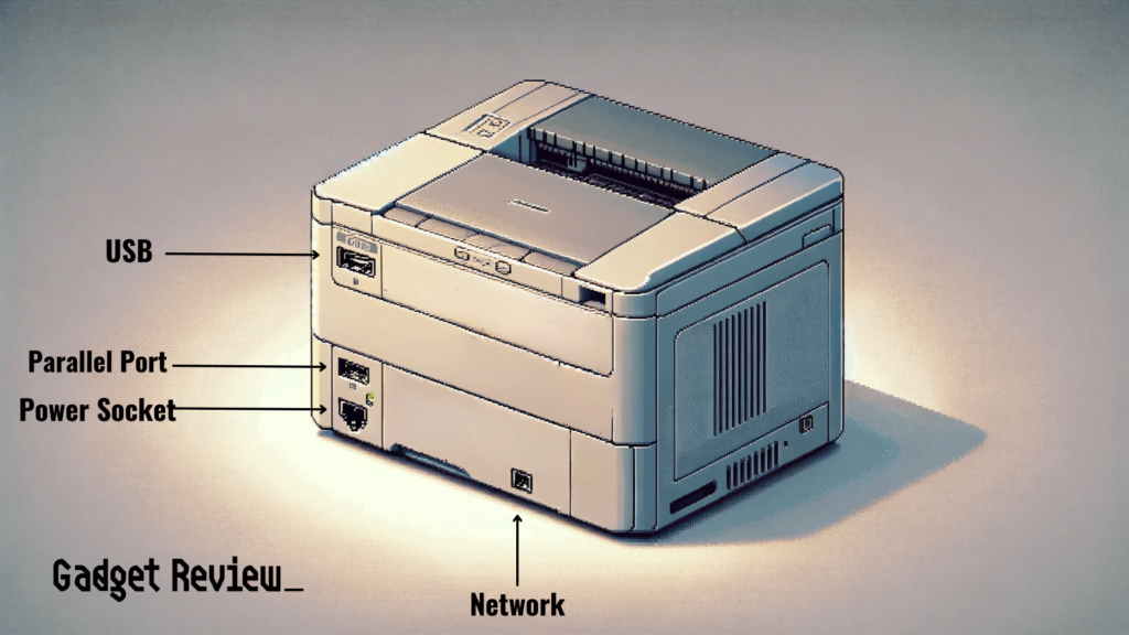 Different ports on the back of a printer.