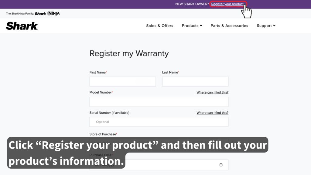 shark website register product for warranty