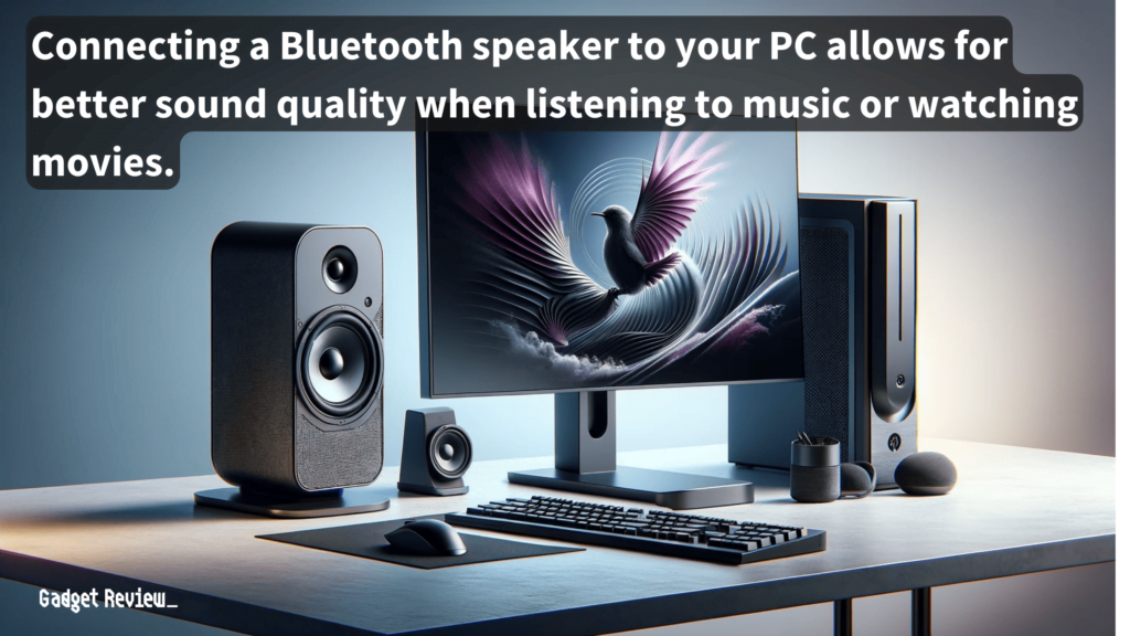 speaker next to a PC setup on the table