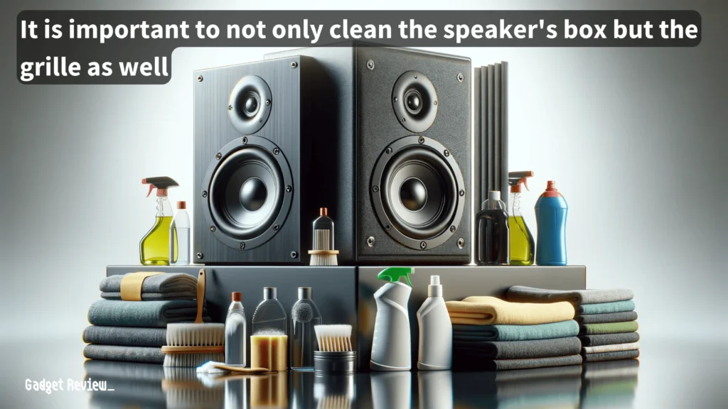 stereo speaker and the cleaning supplies