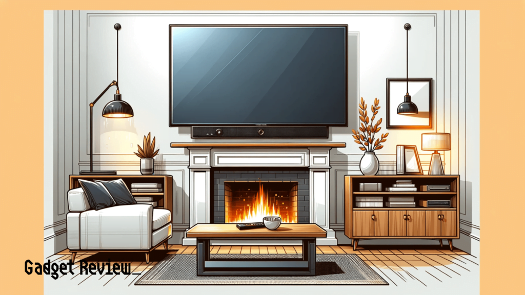 Image mounted higher on the wall because of a fireplace.