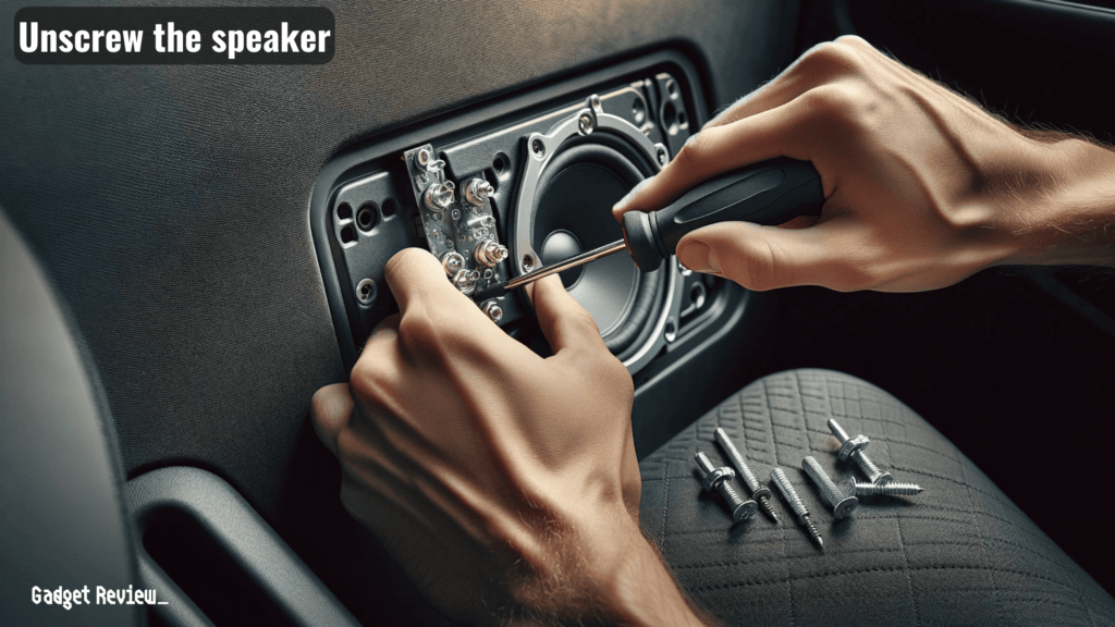 person using a screwdriver to unscrew a car speaker